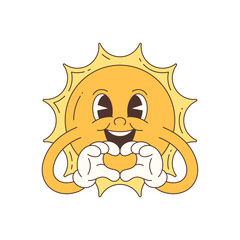 Funny smiling cartoon sun character with expressive face and gloved hands forming a heart shape. Bright and cheerful design ideal for positive themes and seasonal projects. Vector illustration