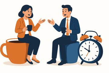 Vector illustration showing male and female colleagues enjoying a coffee break discussion, sitting on a giant mug and stool next to an alarm clock, representing office chat and break time.