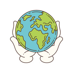 Cartoon mascot artwork showing two white gloves gently holding the Earth globe with continents in green and oceans in blue. Ideal for eco, peace, and global themes. Vector illustration