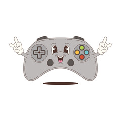 Joyful mascot game controller character with expressive face and hand gestures in cartoon retro style perfect for gaming content. Vector illustration
