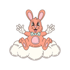 Cheerful bunny mascot sitting on fluffy cloud with joyful expression and colorful bow tie in whimsical cartoon style. Designed in flat graphic format. Vector illustration