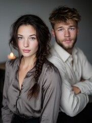 Fototapeta premium Close-up portrait of a young couple with confident expressions indoors with soft natural light