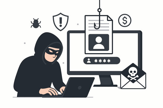 Cybercrime concept vector with hacker stealing passwords via phishing attack. Data breach, malware, internet security threat, identity theft, and computer fraud illustration.