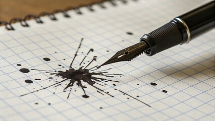Artistic ink splatter from classic fountain pen on grid paper