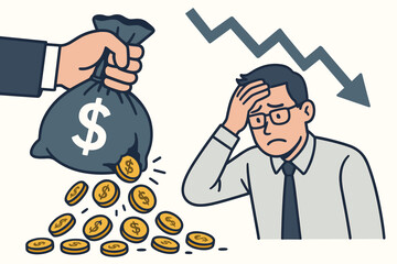 Financial mismanagement metaphor: Hand holds leaking money bag spilling gold coins, causing stress for businessman under a declining graph. Vector illustration of loss and economic downturn.