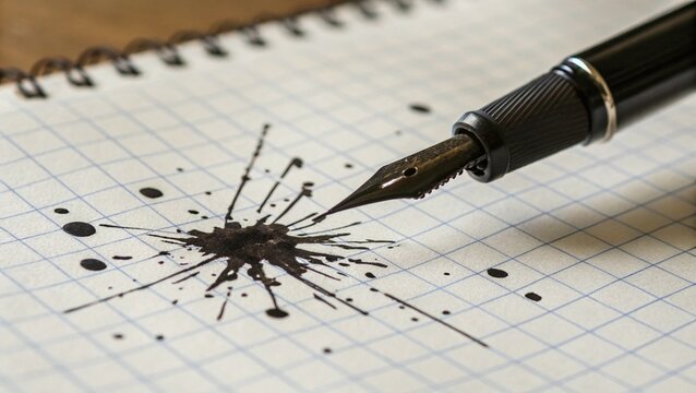 Artistic ink splatter from classic fountain pen on grid paper