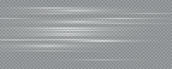 White horizontal lens flares pack. Laser beams, horizontal light rays. Collection effect light White line png. Beautiful light flares. Glowing streaks on light background.
