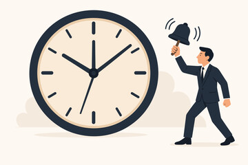 Urgent deadline approaching concept vector graphic illustration showing a businessman in a suit ringing a loud alarm handbell next to a big analog clock face to signal time pressure.