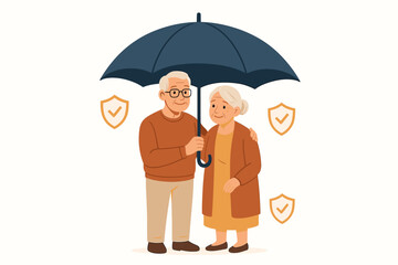 Secure Retirement Concept: Happy senior couple protected under an umbrella with shield icons representing insurance, financial stability, healthcare, and safety during their golden years.