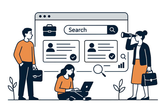 Diverse job seekers using online recruitment platform vector illustration. Candidates searching for career opportunities, vacancies on website interface, HR hiring concept.