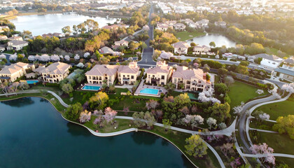 Aerial view of luxurious lakeside homes surrounded by blooming trees, showcasing serene living