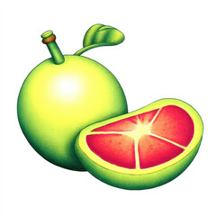 A vibrant citrus fruit, pale green skin, and a bright red interior, is shown whole and in a cross-section
