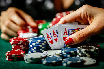 Hand is holding three playing cards and a pile of poker chips