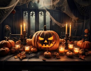 Gruseliger Halloween-Tisch mit K&uuml;rbissen und Spinnennetzen