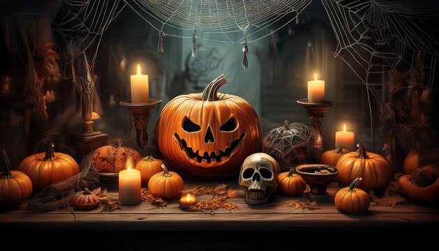 Gruseliger Halloween-Tisch mit K&uuml;rbissen und Spinnennetzen