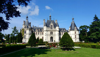 Obraz premium Majestic castle surrounded by lush gardens under a clear blue sky, showcasing architectural beauty