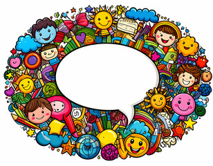 Fototapeta premium Colorful cartoon collage featuring smiling characters, playful elements, and a blank speech bubble for text