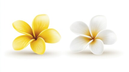 Two plumeria flowers, one yellow, one white.  Detailed illustration of tropical blossoms