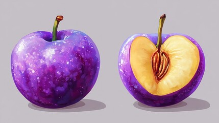 Two plums, one whole and one halved, vibrant purple, detailed illustration