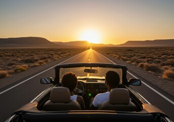 Couple enjoying a road trip during the sunset in a convertible car, scenic views ahead.