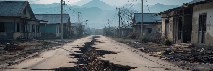 Village Street Damaged After Natural Disaster with Collapsed Homes and Cracked Road