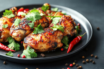 Grilled chicken legs, glazed, herbs, pepper