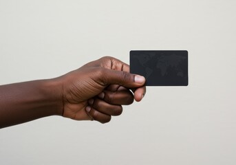 Close-up of an african american hand presenting a black business card with a world map design.