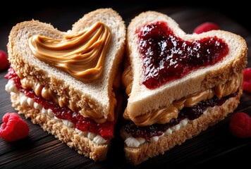 Heart-Shaped Peanut Butter and Jelly Sandwich with Raspberries in Warm Lighting on Wooden Surface