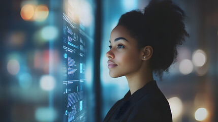 Data Analyst at Work: A focused woman meticulously analyzes a complex data visualization displayed on a holographic interface, demonstrating innovation and strategic thinking.