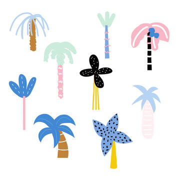 Set of funny cartoon palm trees. Vector hand drawn illustration.