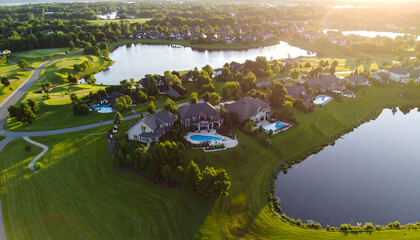 Aerial view of a serene suburban neighborhood with lakes, pools, and lush greenery during sunset