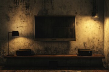 Dimly lit entertainment center in a rustic room