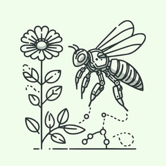Obraz premium Symbiosis of nature and technology, robotic bee pollinating flower, eco-friendly design, innovative illustration