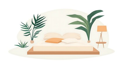 Obraz premium Cozy bedroom plants with bed, and lamp.