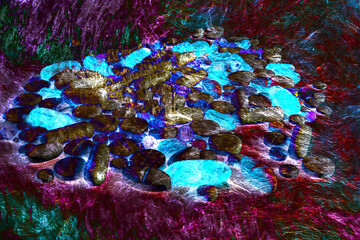 Glowing blue stones clustered in a surreal nest-like arrangement over a textured crimson background, resembling a dreamscape mineral deposit or otherworldly nest of polished pebbles under strange