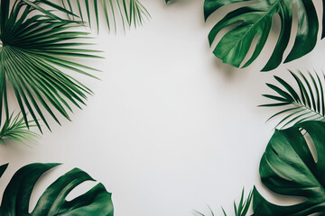 Tropical green palm and monstera leaves frame on white background with blank space. Fresh botanical trend concept for spa wellness and natural design.