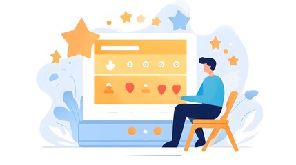 Digital Engagement:  An illustrated scene of a man on a chair  interacts with an online platform featuring  star, icons,  celebrating the digital lifestyle.