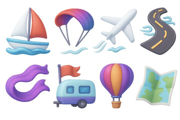 3d travel adventure icons set &ndash; sailboat, parachute, airplane, road, river, caravan, balloon, map. 3D icon set