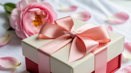 Gift Box with Pink Ribbon and Flowers for Mother’s Day