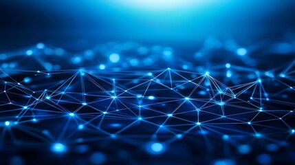 Obraz premium 3d Render of a Glowing Polygonal Web Connecting Data Nodes Over a Blue Cyberspace Background Symbolizing Network Storage