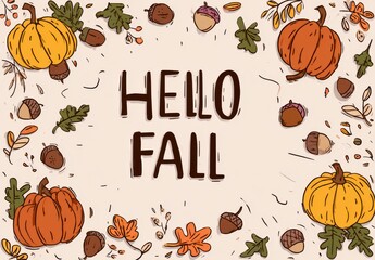 "Hello Fall" text in the middle of an autumn frame with pumpkins, acorns, and leaves