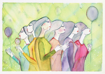 Sisterhood in Bloom – Watercolor Portrait of Female Unity and Grace, hand-made watercolor