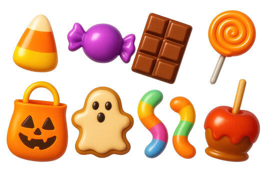 Y2k halloween candy icons set &ndash; candy corn, lollipop, chocolate, pumpkin, ghost, caramel apple. 3D icon set