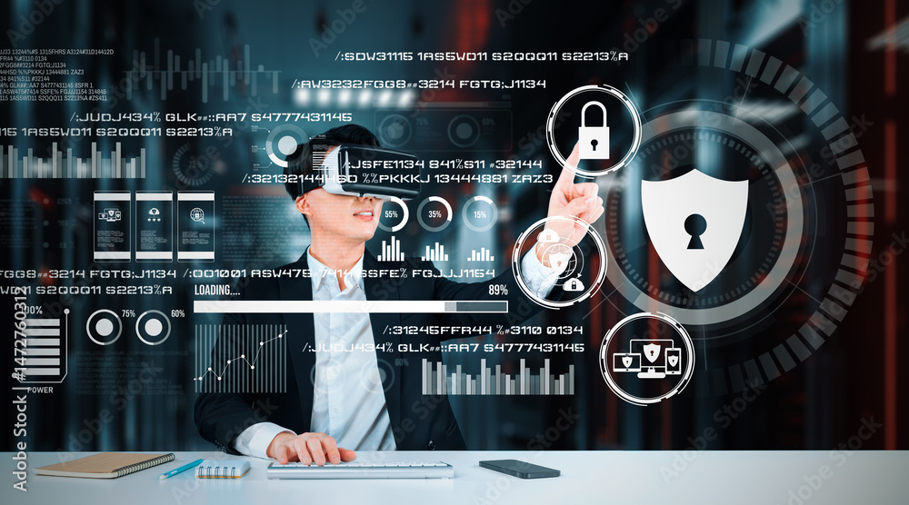 Poster businessman with goggles working while using security protection. manager with formal suit checking 