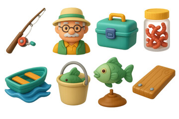 3d y2k fishing icons set – rod, fisherman, tackle box, worms, boat, fish. 3D icon set
