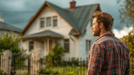 Man looks thoughtfully towards a quaint house, set against a backdrop of serene, overcast skies and lush greenery. Serene and contemplative