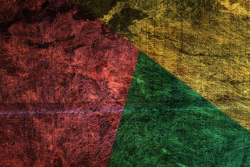 Textured abstract featuring bright yellow, green, and crimson triangular sections layered over a grungy background. The composition is energetic and fragmented, resembling worn signage or layered pain