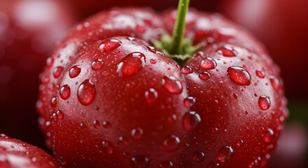Fresh Cherries Covered With Water Droplets In Extreme Close Up View
