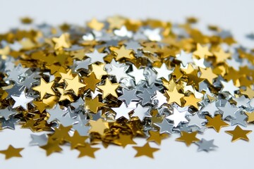 Fototapeta premium Gold and silver metallic star confetti scattered in pile creating festive sparkling decoration for celebration event or party background.