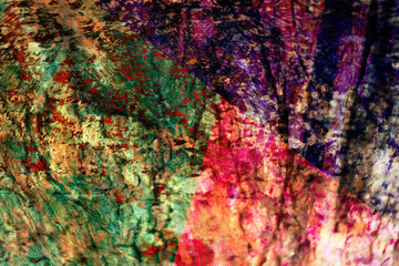 Intricate abstract composition featuring swirling black ink patterns overlaid with vivid magenta and blue accents, divided by thin grid-like borders. The texture combines digital linework with fluid